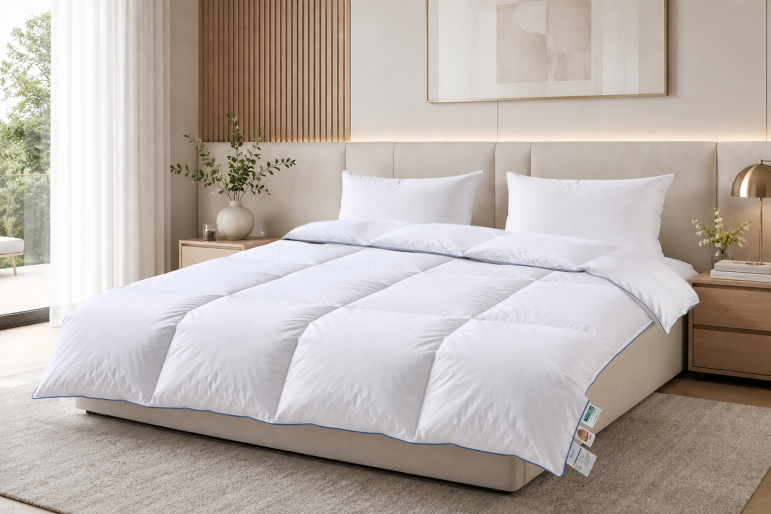 Große Kassettendecke auf Hotelbett