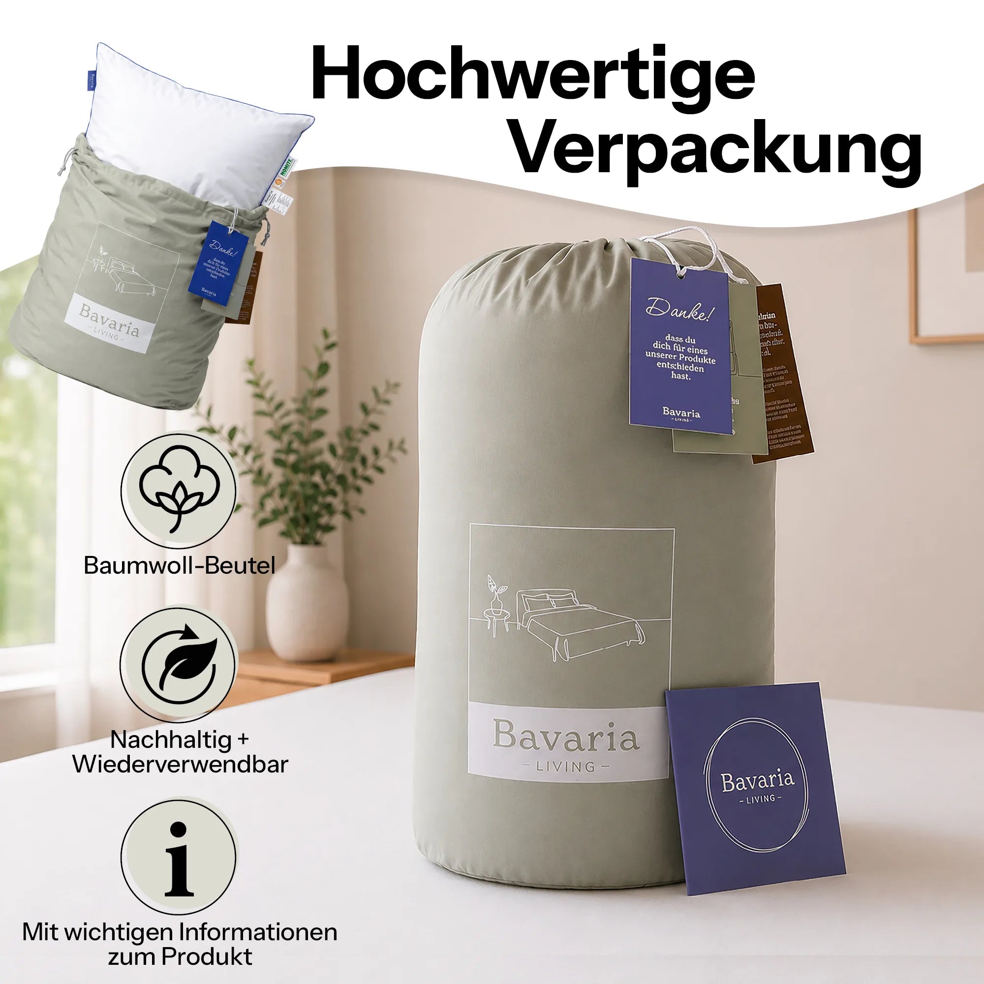 Produktverpackung in Form eines Stoffbeutels mit Hangtags
