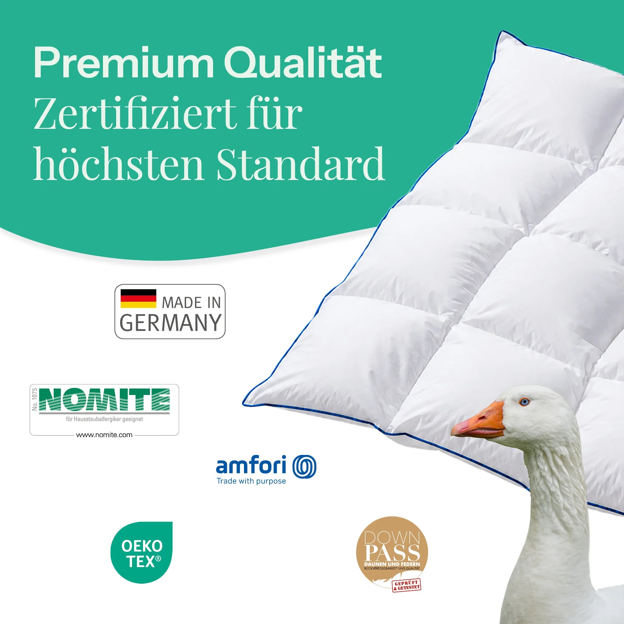 Produktbild mit Logos von Nomite,Amfori,Oekotex und Down Pass