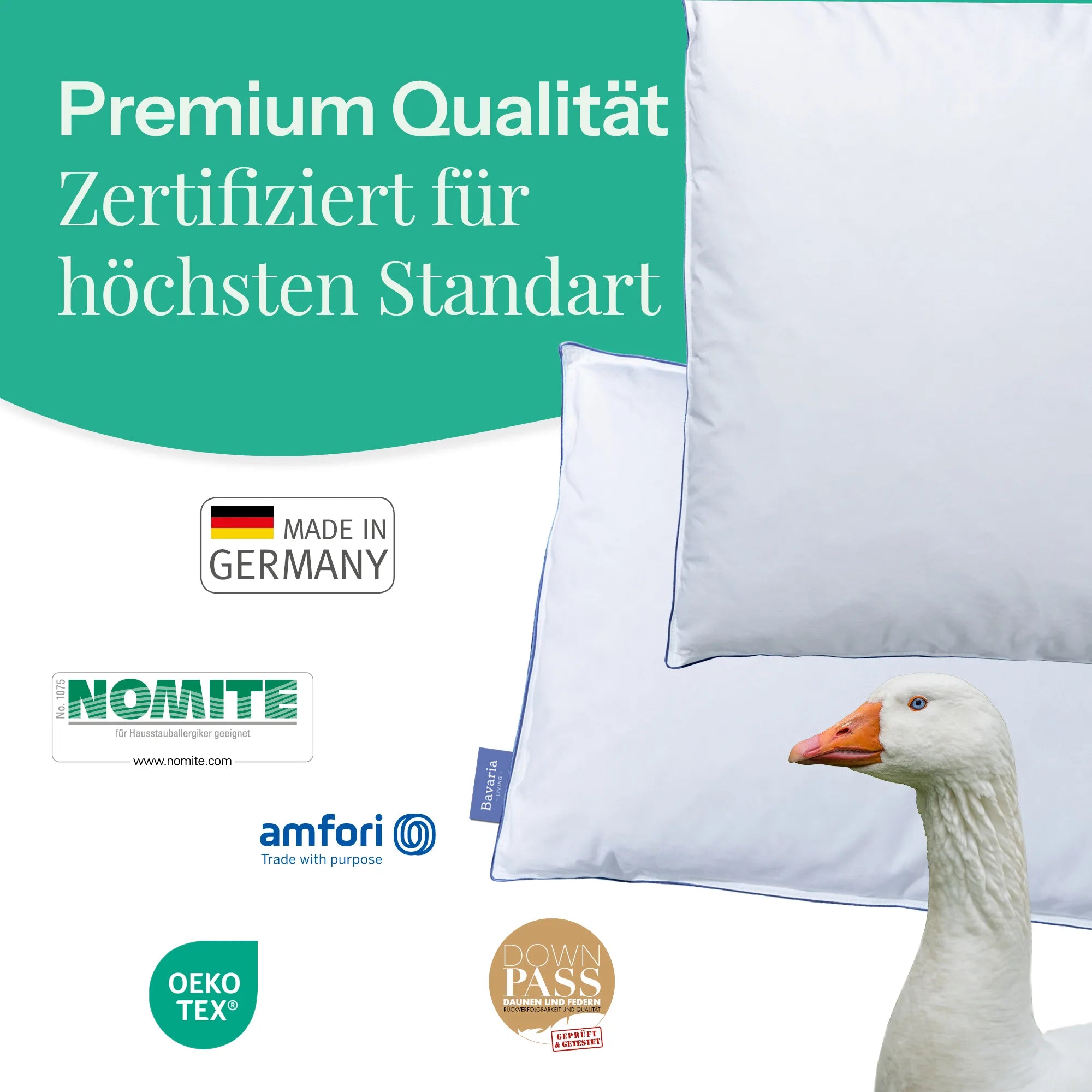 Produktbild mit Logos von Nomite,Amfori,Oekotex und Down Pass