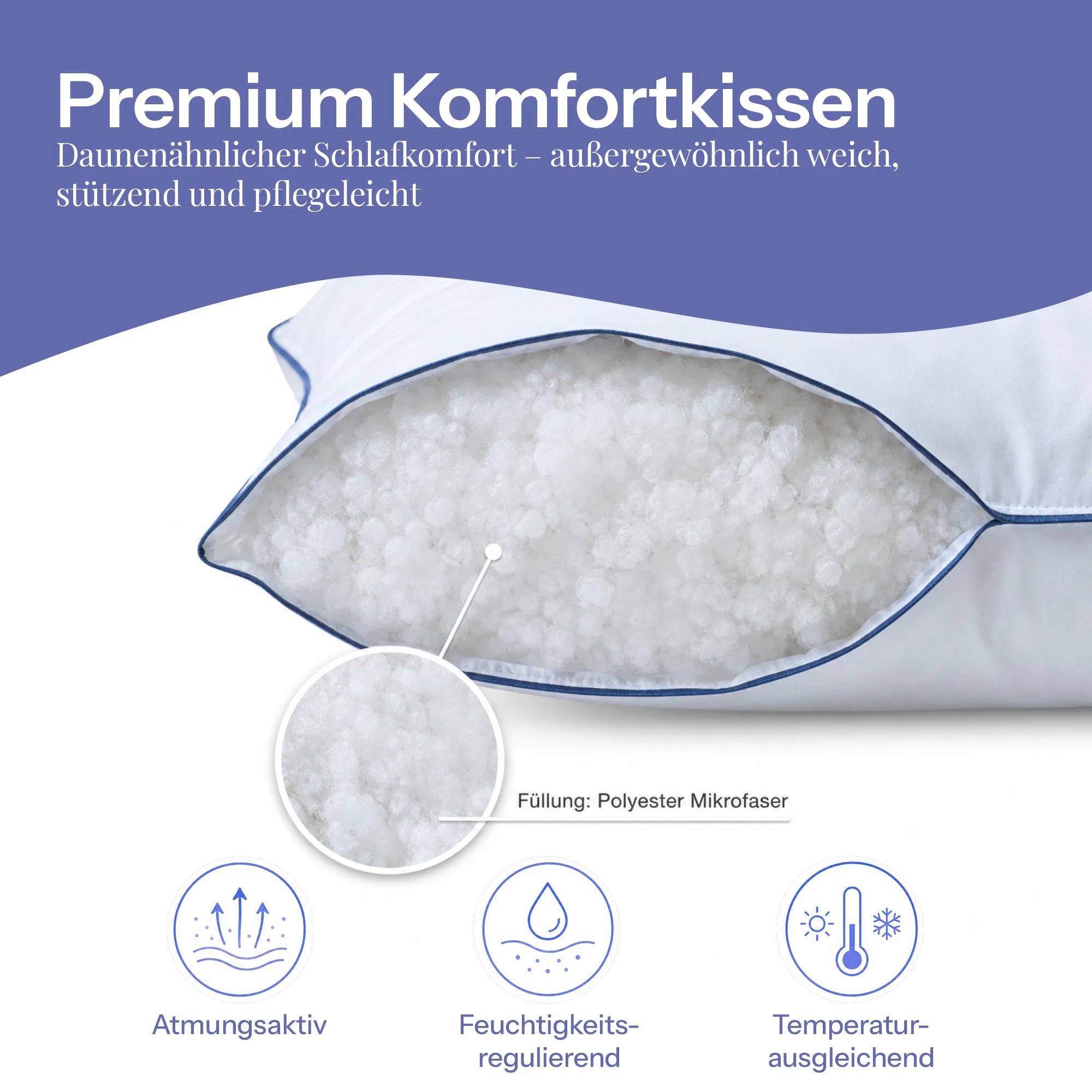 Geöffnetes Traumkissen mit Microfaserfüllung